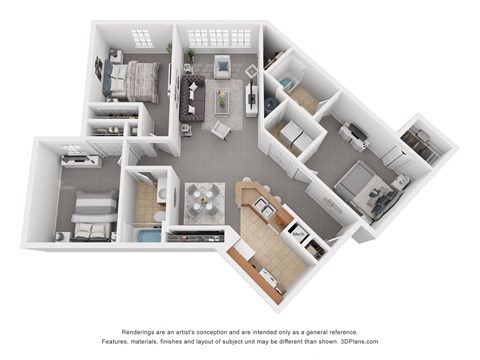 Floor plan for 3 beds, 2 baths, 1214 sqft